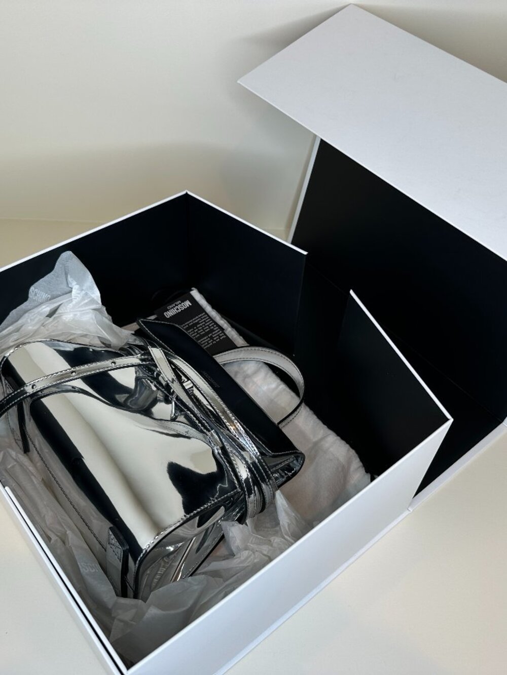 Moschino Tie Me Metallic Silver Tote Bag — Unused With Box, Dust Bag & Tags - Picture 14 of 14